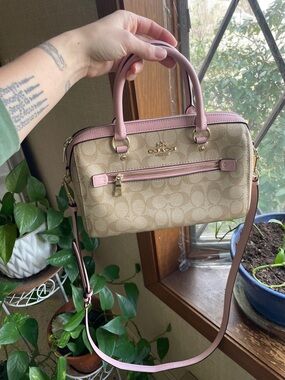 Coach Tan Signature Canvas Rawan Satchel with Pink Trim